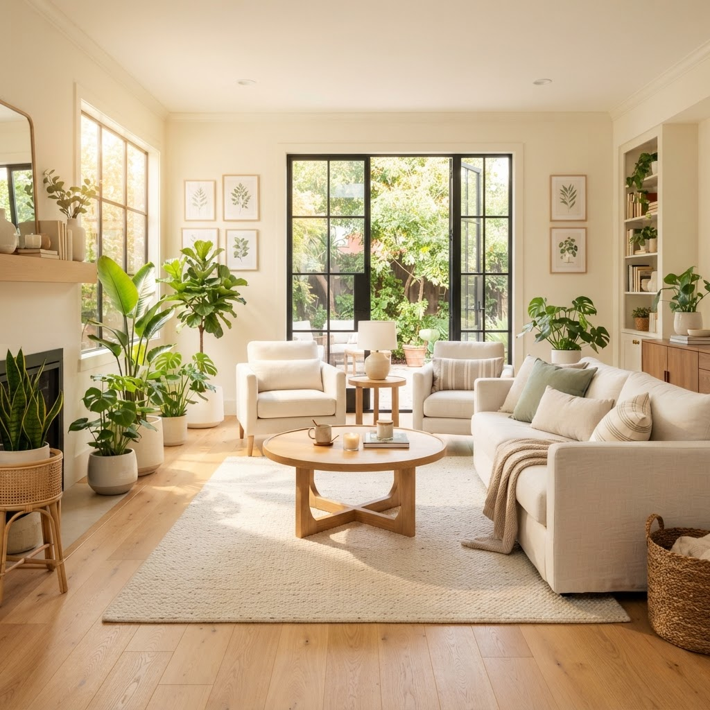 Bright, freshly cleaned living room with sunlight and green plants