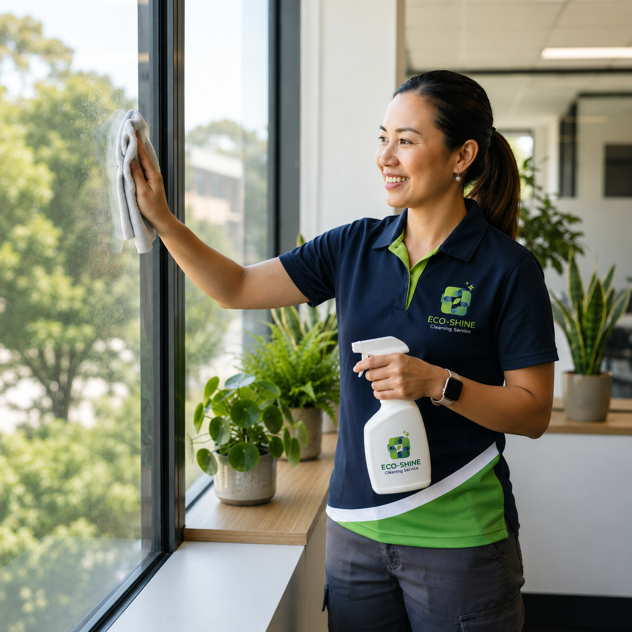 Cleaner wiping an interior window until streak-free